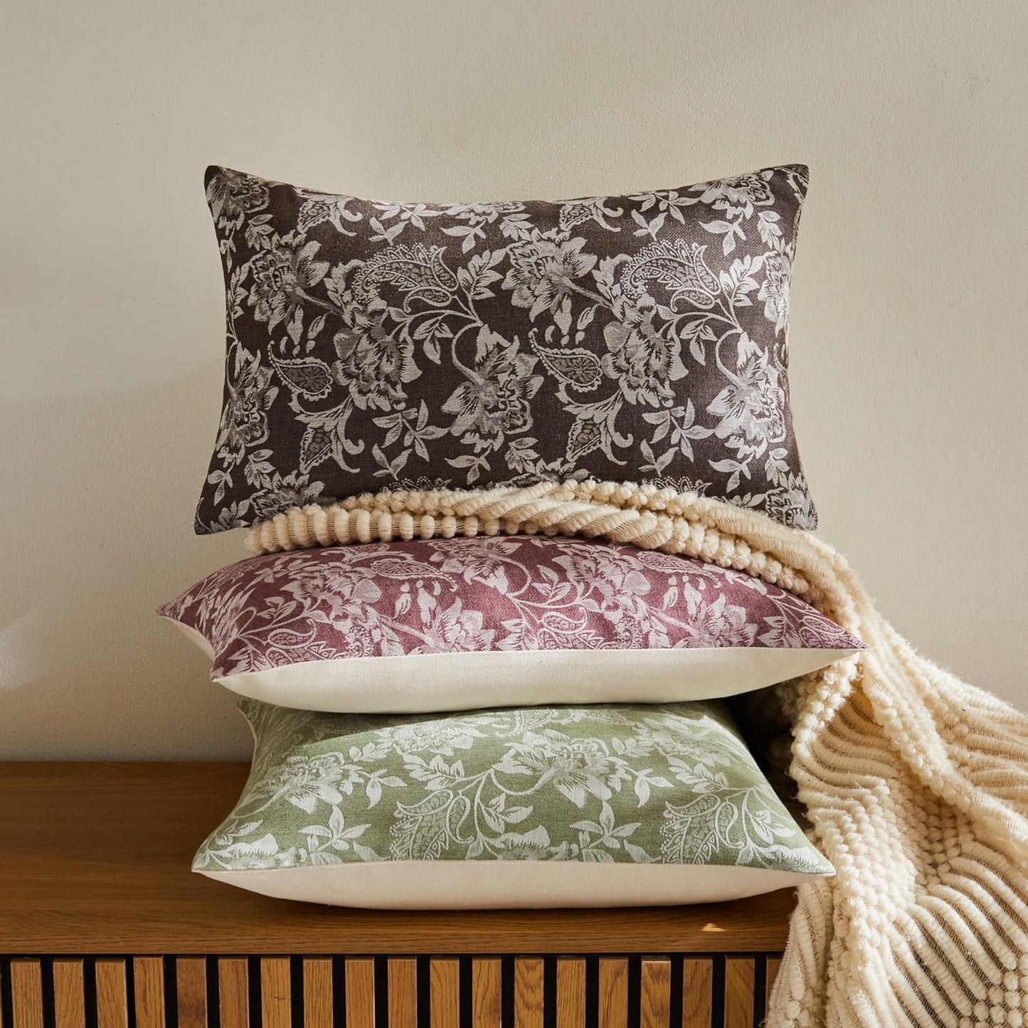 Floral Jacquard Lumbar Throw Pillow Covers Set of 2, Background/Chocolate 12x20 Inch, Farmhouse Decorative Cotton Dark Brown Cushion Covers for Sofa Bed Living Room Home Decor