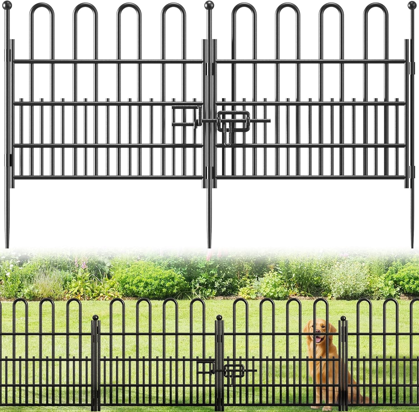 10 Panels Decorative Garden Fence with U-Shape and Latch Gate, 24.01in (H) X 20ft (L) Dog Fence Outdoor for Yard Security, Garden Fencing Includes Deep Stakes