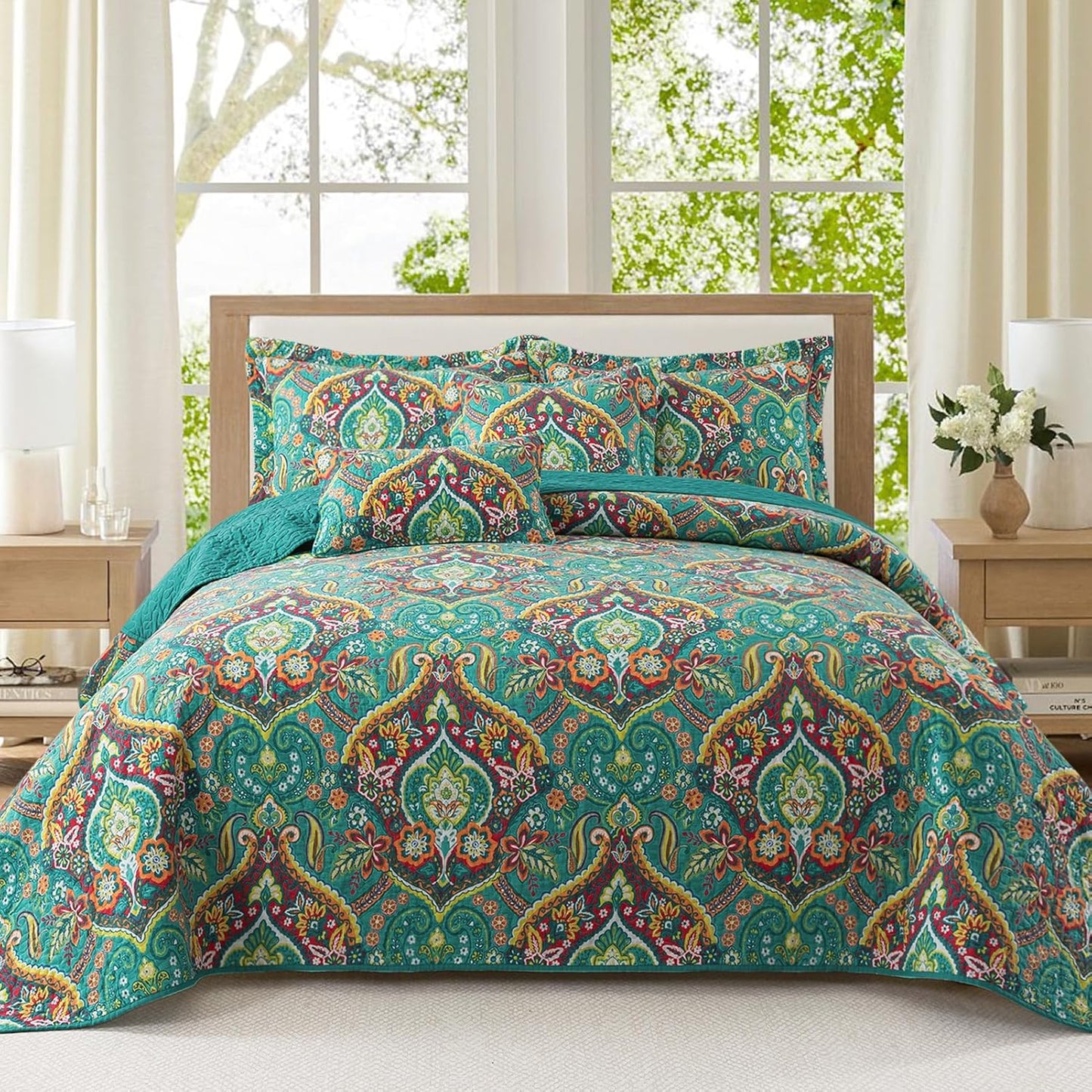 VAPUTAR Cotton King Quilt Bedding Set - 3Pieces Quilt King Size with Floral Pattern, Soft Lightweight Quilted King Size Bedspread (98*106 inch), Reversible Bedspread Coverlet Suitable for All Season