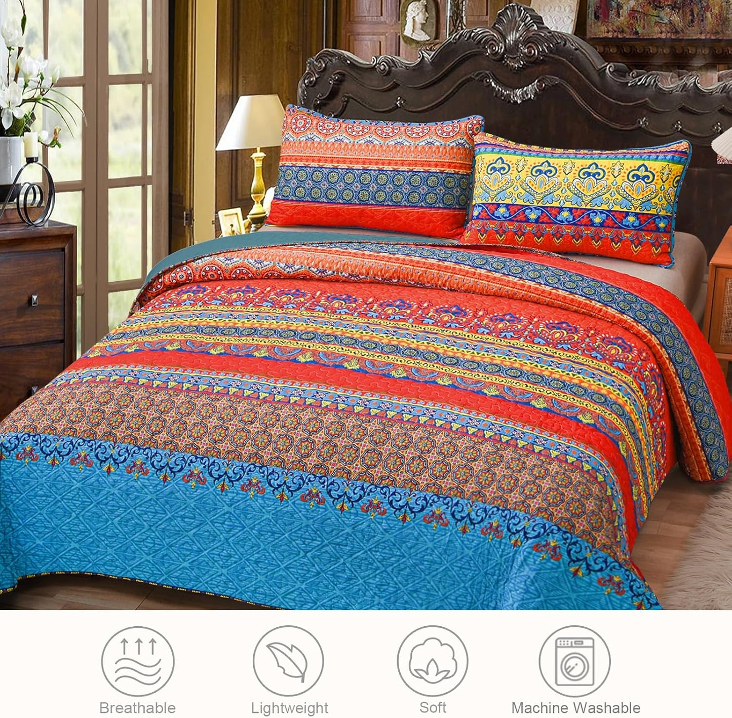 Exclusivo Mezcla Reversible Boho Quilt Set Twin Size, 2 Pieces Bohemian Blue All Season Bedspreads, Ultra Soft Floral Coverlet Bedding Set with Printed Pattern (1 Quilt, 1 Pillow Sham)