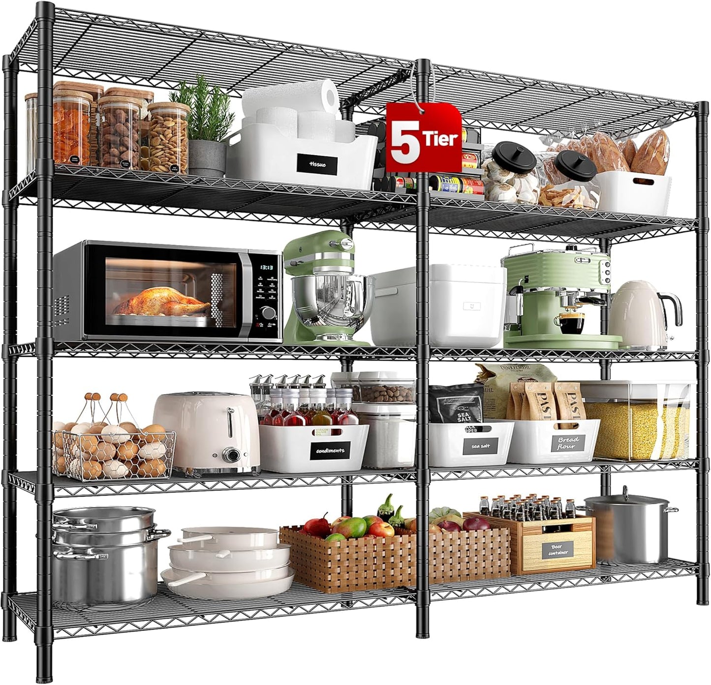 REIBII 5 Tier Wire Shelving Storage Shelves Loads 1430LBS, 58" W Metal Shelving for Storage Adjustable Shelving Unit Heavy Duty Garage Shelves Pantry Shelves Kitchen, Black