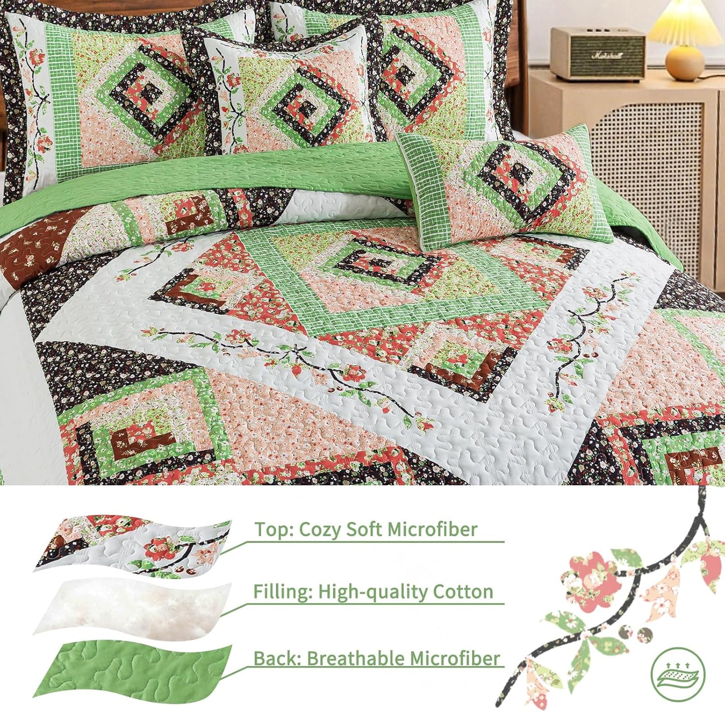 VAPUTAR Quilt King Size Bedding Set - Soft King Size Quilt Set for All Season, Lightweight Reversible Coverlet Bedspread for Farmhouse Bedroom (98 × 106 Inch), Green