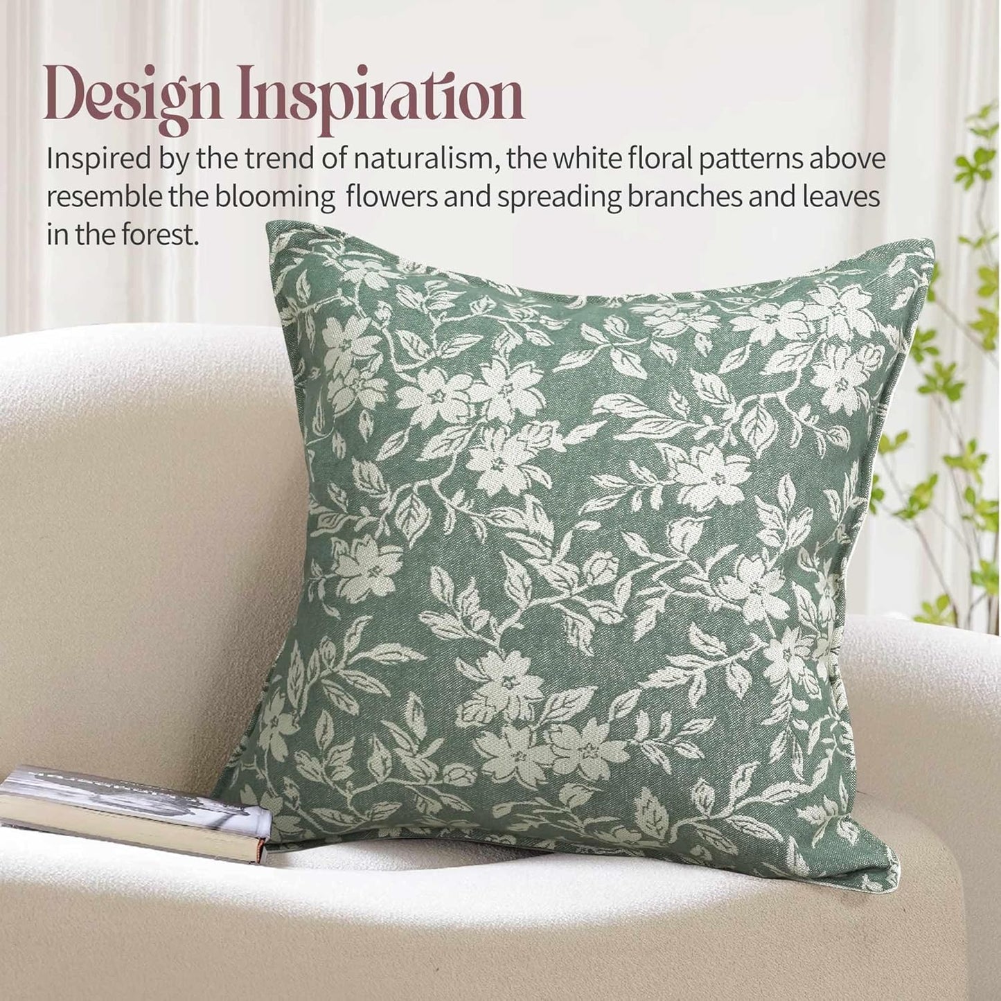 makkey 2 Pack 18x18 Pillow Covers, Teal Green Floral Decorative Pillows for Bed Cotton-Linen Blend for Living Room, Couch & Bed Cozy Home Decor