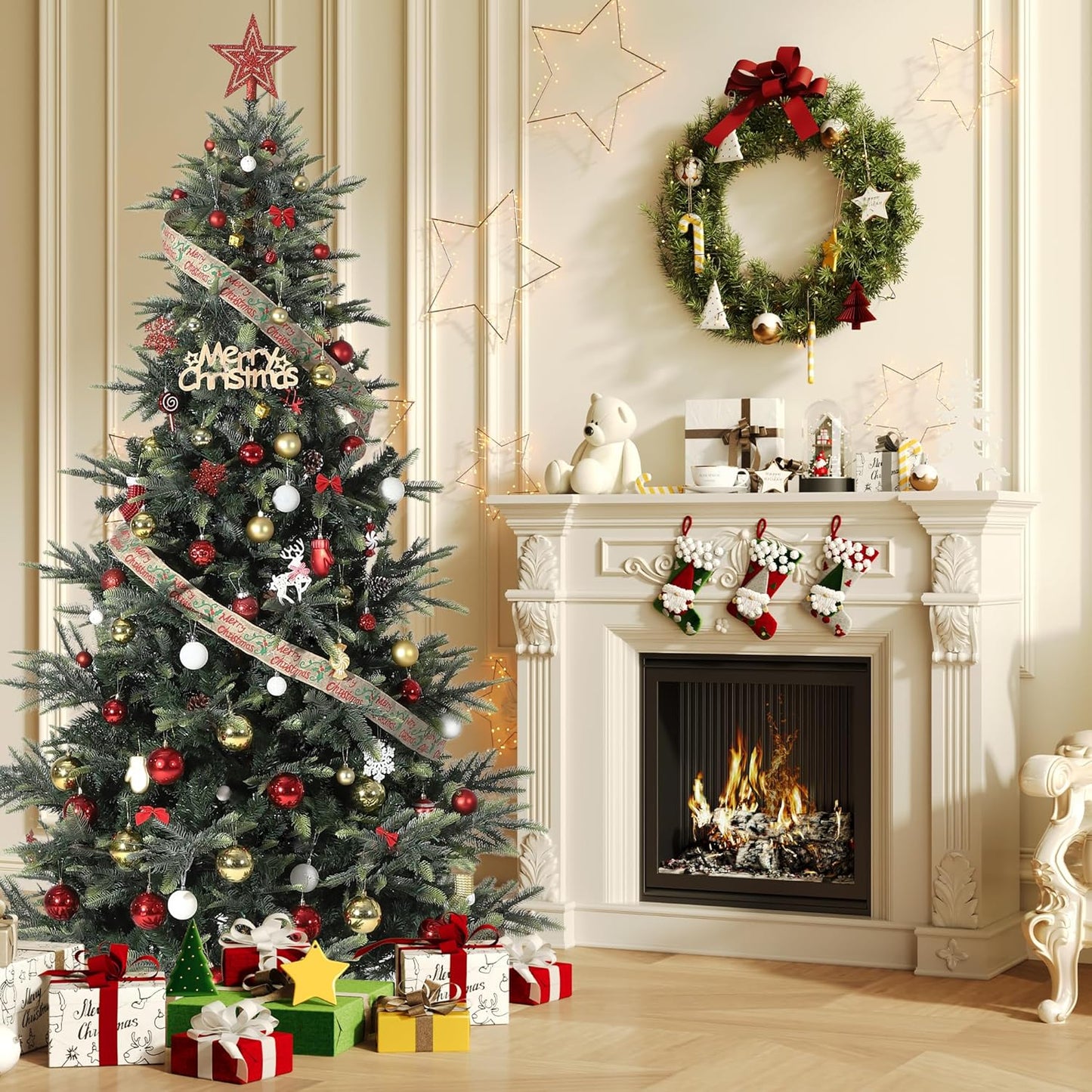 6.5ft Pre-lit Artificial Christmas Tree,Spruce Prelit Christmas Trees for Home,Office,Party Thickened PE&PVC Branch Tips & UL Listed Lights Incandescent Warm White,Fire-Resistant Automatic Branches
