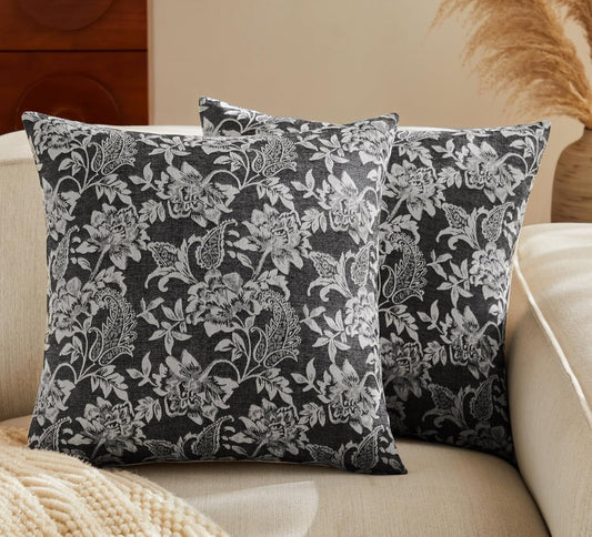Floral Jacquard Throw Pillow Covers Set of 2, Background/Charcoal 24x24 Inch, Farmhouse Decorative Cotton Dark Grey Cushion Covers for Sofa Bed Living Room Home Decor