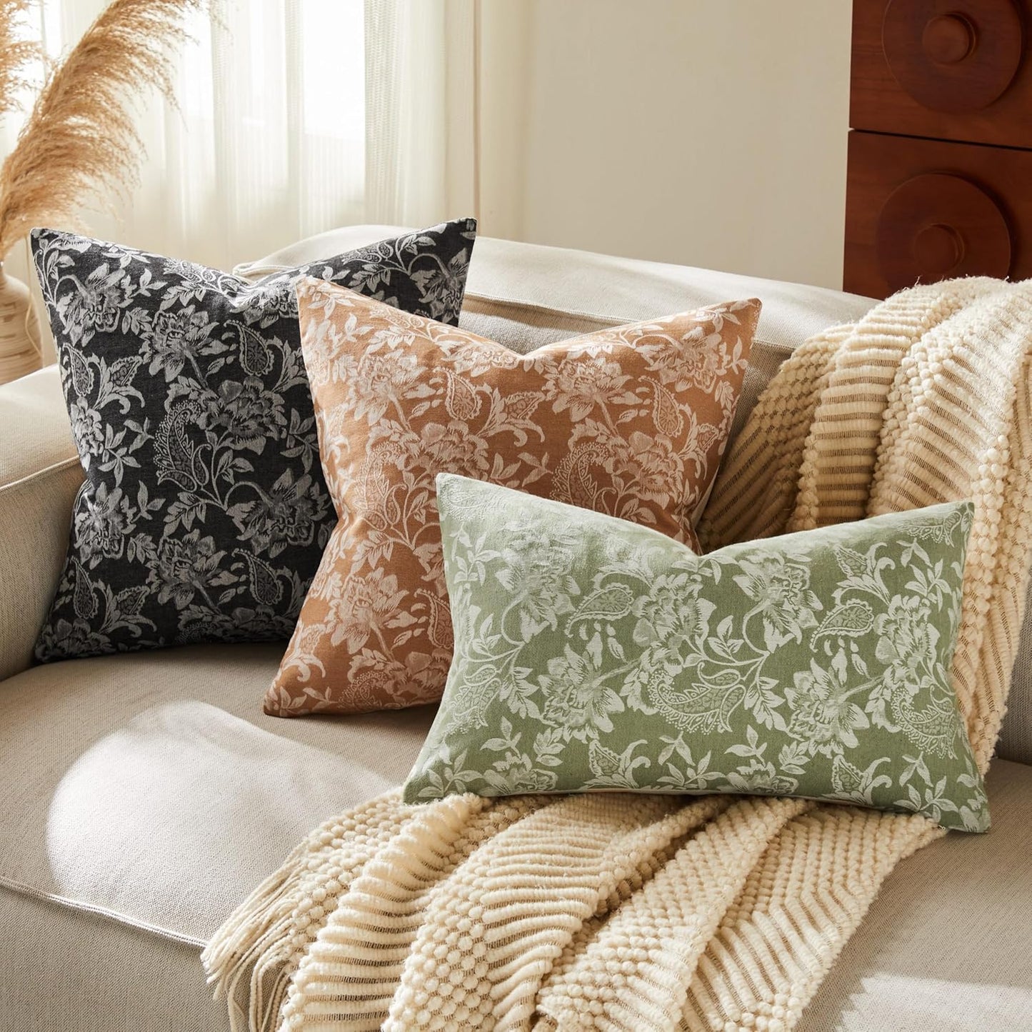 Floral Jacquard Throw Pillow Covers Set of 2, Background/Charcoal 24x24 Inch, Farmhouse Decorative Cotton Dark Grey Cushion Covers for Sofa Bed Living Room Home Decor