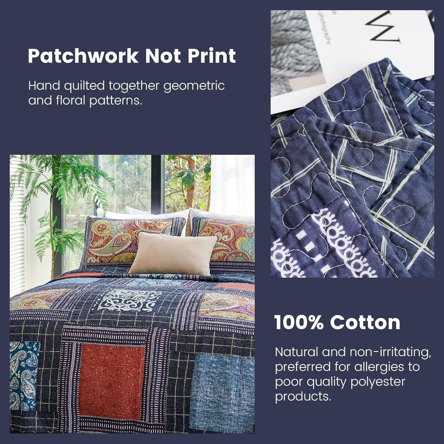 Secgo King Size Comforter Set- 100% Cotton Quilt King Size Set, Black bedspreads (96 * 108 Inch) with 2 Pillow Shams, Patchwork Reversible Lightweight Bedding