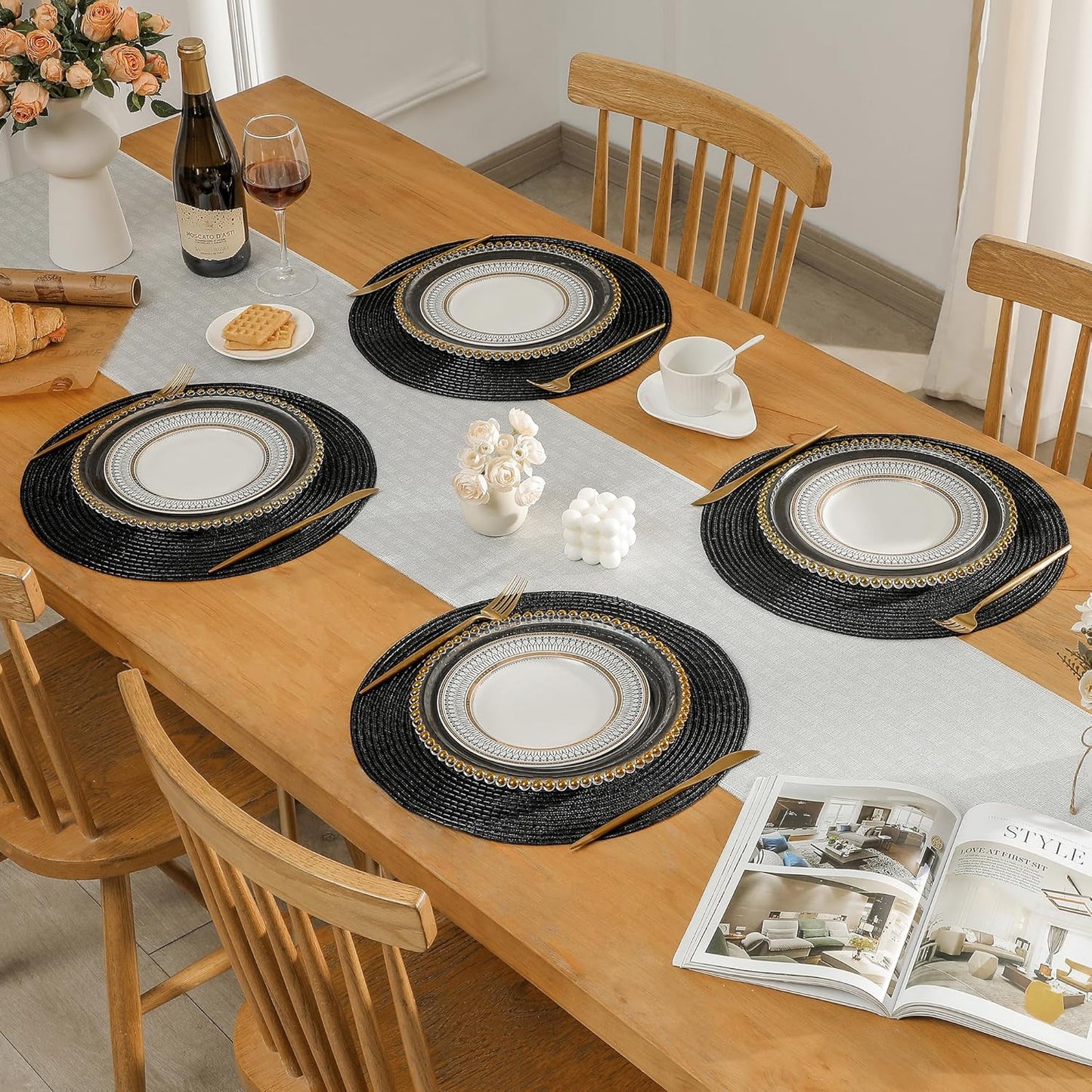 Leetaltree Round Placemats Heat and Slip Resistant Cotton Table Mats, Washable Bohemian Placemats for Dining Tables (Black, Set of 8)