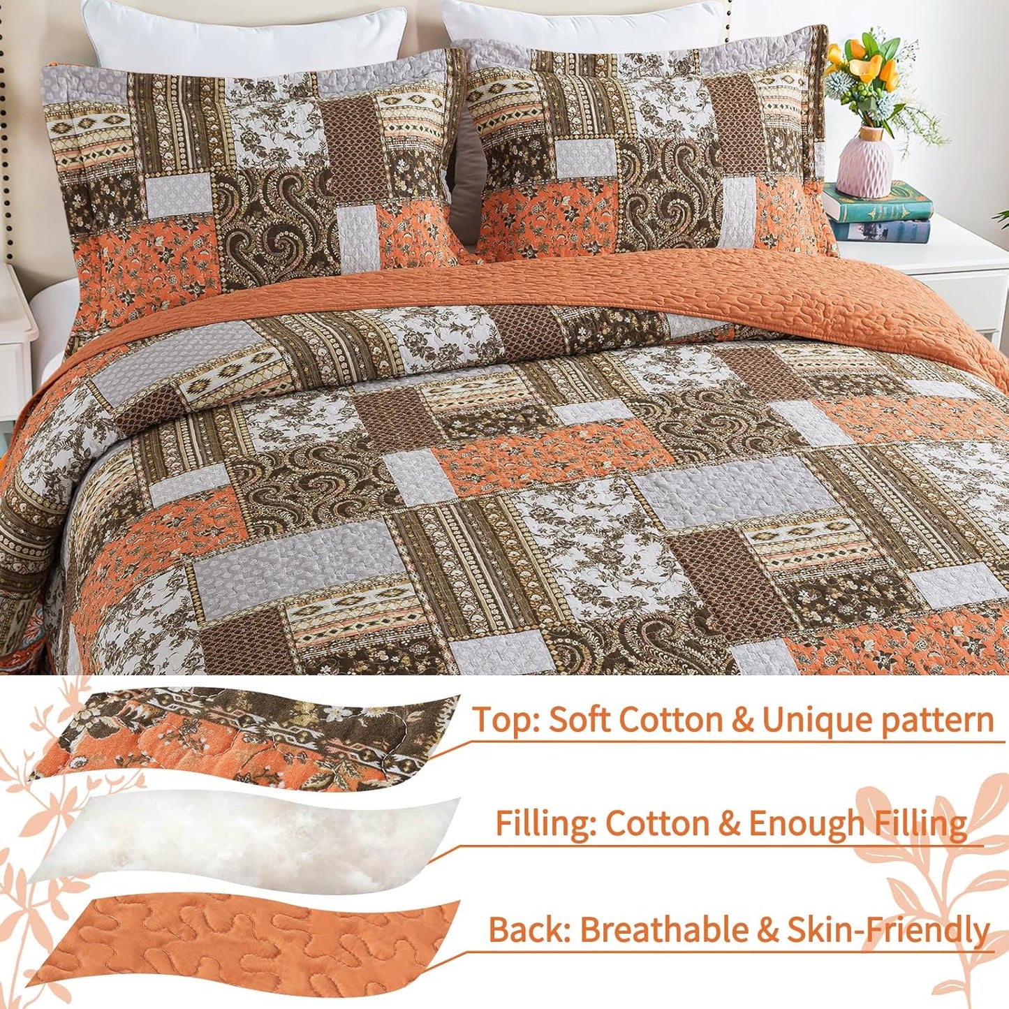 VAPUTAR Quilts Queen Size - Fall Cotton Quilt Set Quilted Bedspread Coverlet Lightweighet Bedding Set with Shams for All Season, 3 Piece Boho Patchwork Quitled Bedspread Queen Size (Dream Orange)