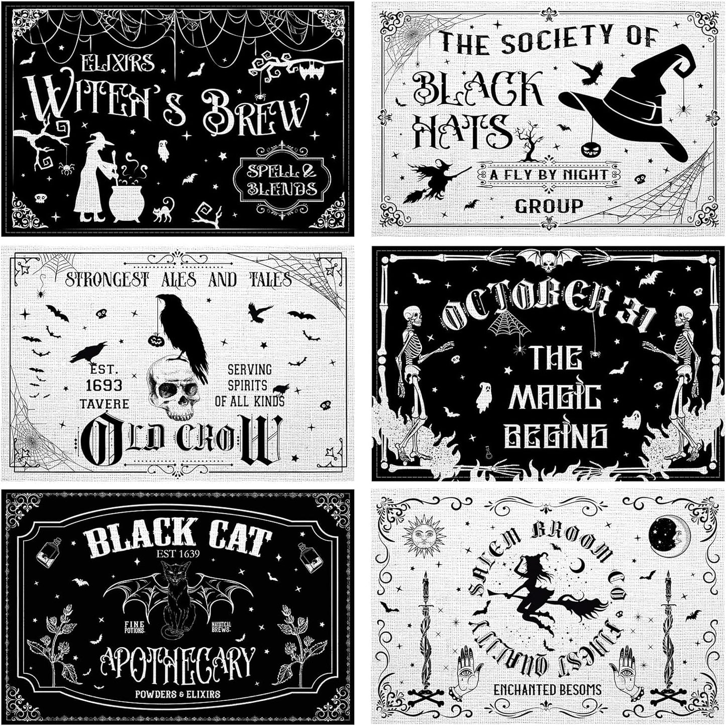 Umigy 6 Pcs Halloween Placemats 12"x18" Gothic Bat Placemats Kitchen Decoration Washable Witch Place Mats Rectangle Skull Table Mats for Halloween Dining Table Accessories(Black White Character Style)