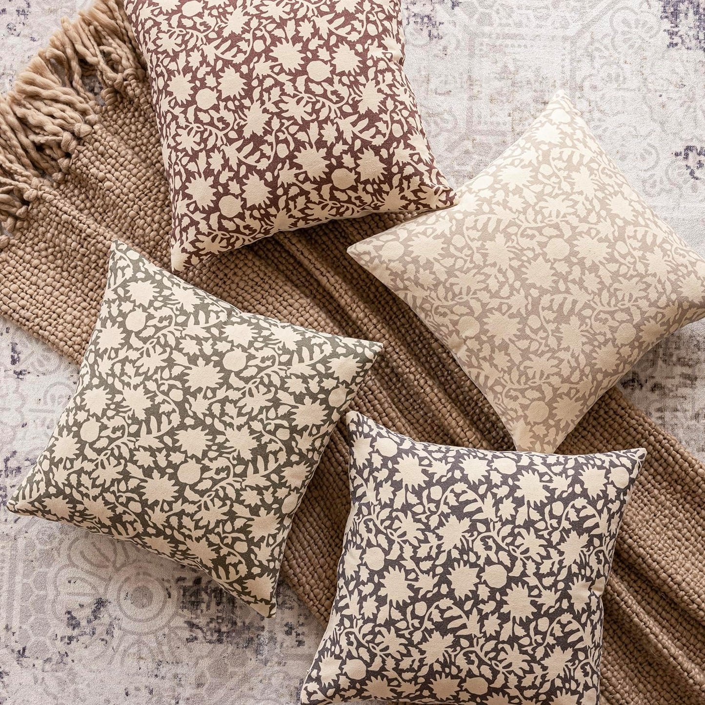 Foindtower Set of 2 Decorative Neutral Floral Throw Pillow Covers Accent Farmhouse Cushion Covers Boho Vintage Pillowcase for Couch Sofa Bedroom Living Room Home Decor Outdoor,18×18 Inch,Wine Red