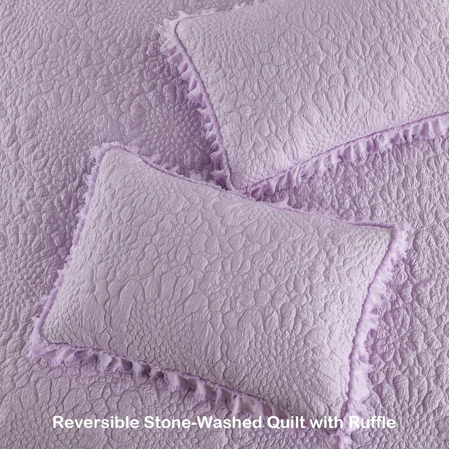 HORIMOTE HOME Lavender Ruffled Quilt Queen Size, Stone-Washed Microfiber Lightweight Crinkled Farmhouse Rustic Shabby Chic Bedding Set, 3 Pieces Reversible Bedspread with Pillow Shams for All Season