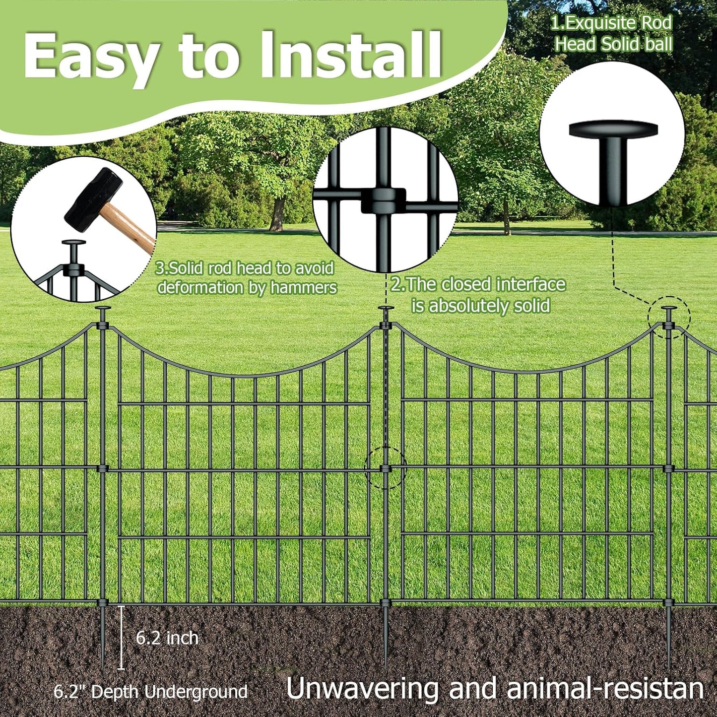 10 Panels Garden Fence Dog Fence Outdoor for Yard, 24in H x 20ft L Rustproof Metal Fencing with Ground Stakes | No Dig Animal Proof Containment for Pets/Rabbits | Durable Patio Security Panels