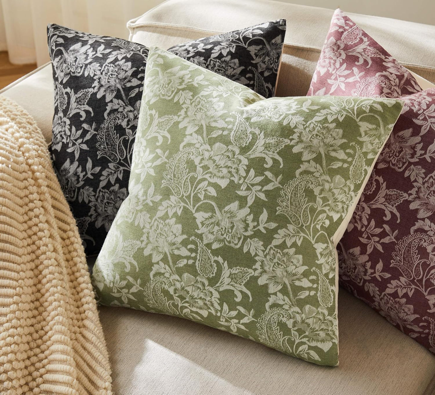 Floral Jacquard Throw Pillow Covers Set of 2, Background/Green 18x18 Inch, Farmhouse Decorative Cotton Sage Green Cushion Covers for Sofa Bed Living Room Home Decor