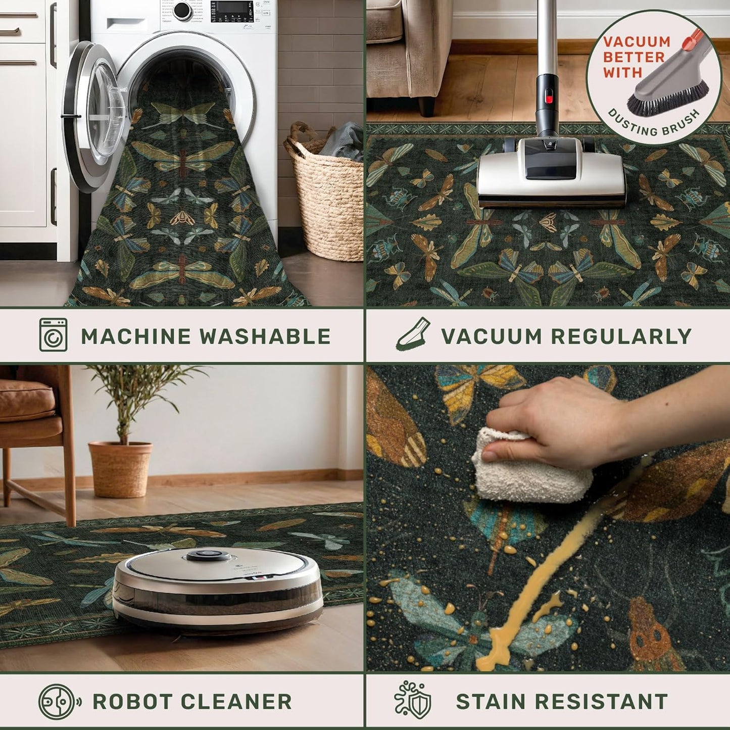 8 ft Long Hallway Runner Rug - Boho Green Rug for Kitchen Floor, Entrance Indoor, Washable Wide Runner Non Slip, Dark Green 2'6''x8'