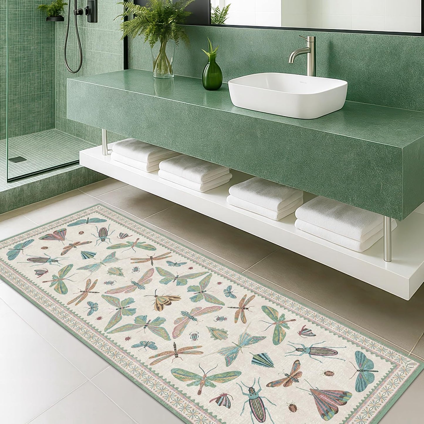 Boho Bathroom Runners - 2x6 Blue and Green Rug for Kitchen, Entry Way, Non Slip Washable Butterfly Insect Print Home Decor