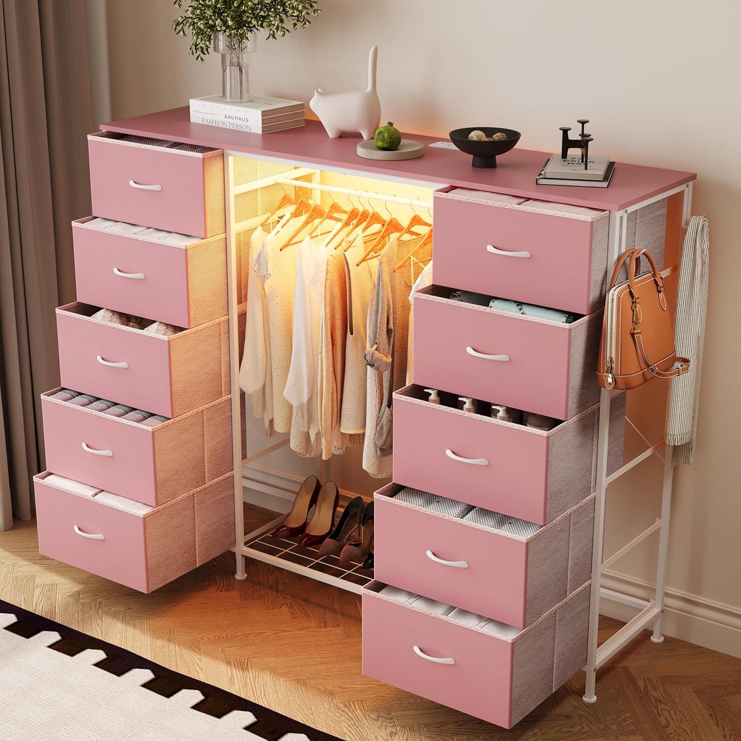 LUMTOK 2-in-1 Dresser with Hanging Rack, 10 Drawers Dresser for Bedroom,Dressers with Fabric Drawers,LED Lights, Charging Station and Hanging Racks for Bedroom (Pink)