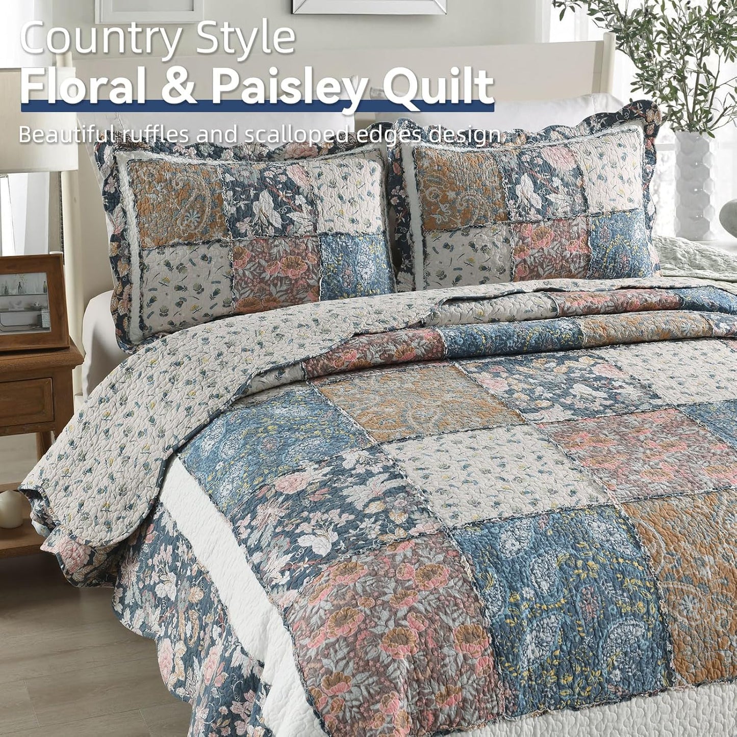 Yvooxny 3-Piece Quilt Set King Size Quilted Bedspread Reversible Country Style Blue Floral Paisley Real Patchwork Bedding Quilt Set with Ruffles with Pillowcases for All Seasons, 108 * 96 Inches