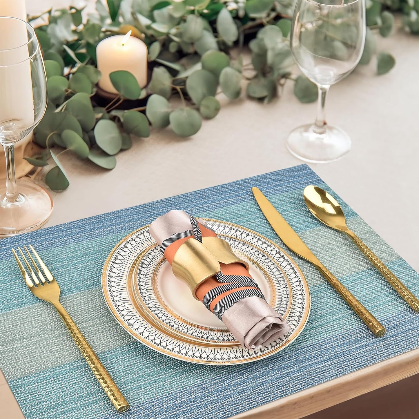 Placemats Set of 6 - Easy Clean Washable Vinyl Placemats - Wipeable Heat Resistant Table Mats for Dining Table - 17.7x11.8 Inch (6, Blue Gradient)