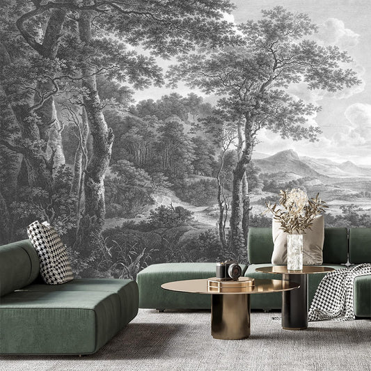 -Vintage Forest Fabric Wallpaper Grey Tree Mural Living Room 180" x 115" (Not Peel and Stick)