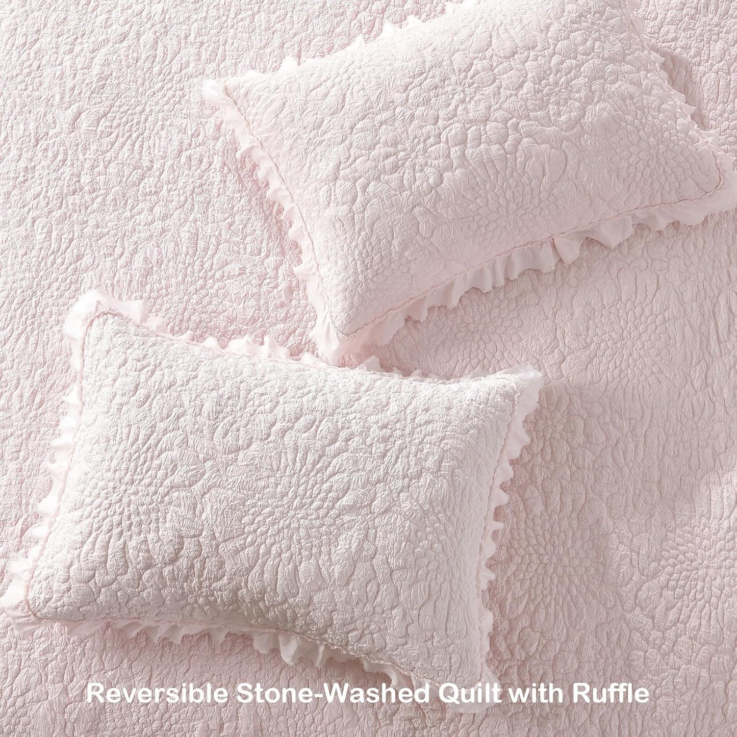 HORIMOTE HOME Pink Ruffled Quilt Queen Size, Stone-Washed Microfiber Lightweight Crinkled Farmhouse Rustic Shabby Chic Bedding Set, 3 Pieces Reversible Bedspread with Pillow Shams for All Season