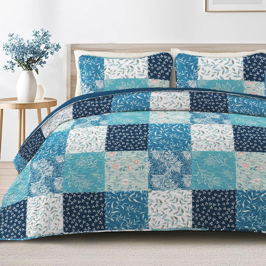 Exclusivo Mezcla Reversible Boho Quilt Set Queen Size, 3 Pieces Patchwork Navy Blue All Season Bedspreads, Ultra Soft Floral Coverlet Bedding Set with Printed Pattern (1 Quilt, 2 Pillow Shams)