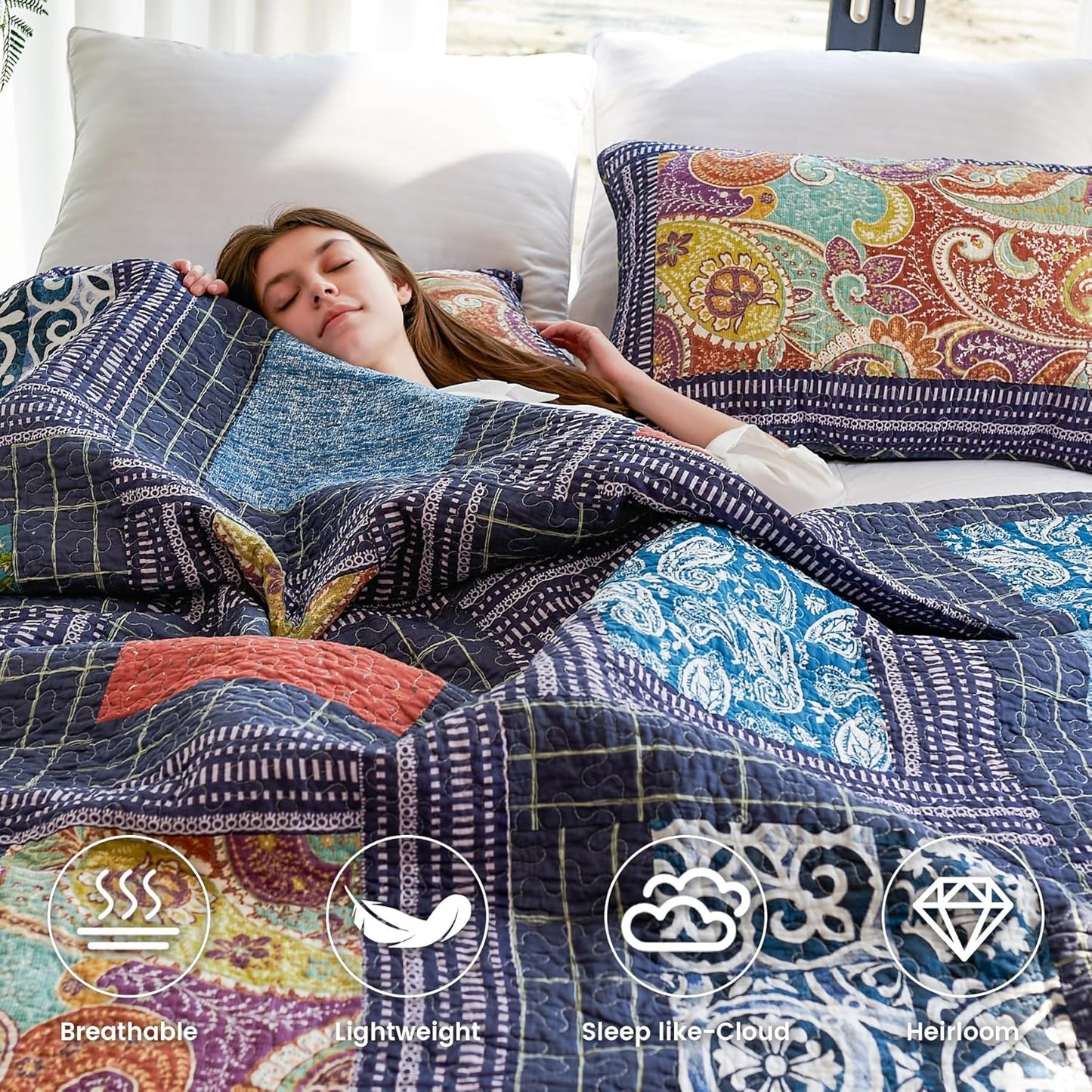 Secgo King Size Comforter Set- 100% Cotton Quilt King Size Set, Black bedspreads (96 * 108 Inch) with 2 Pillow Shams, Patchwork Reversible Lightweight Bedding