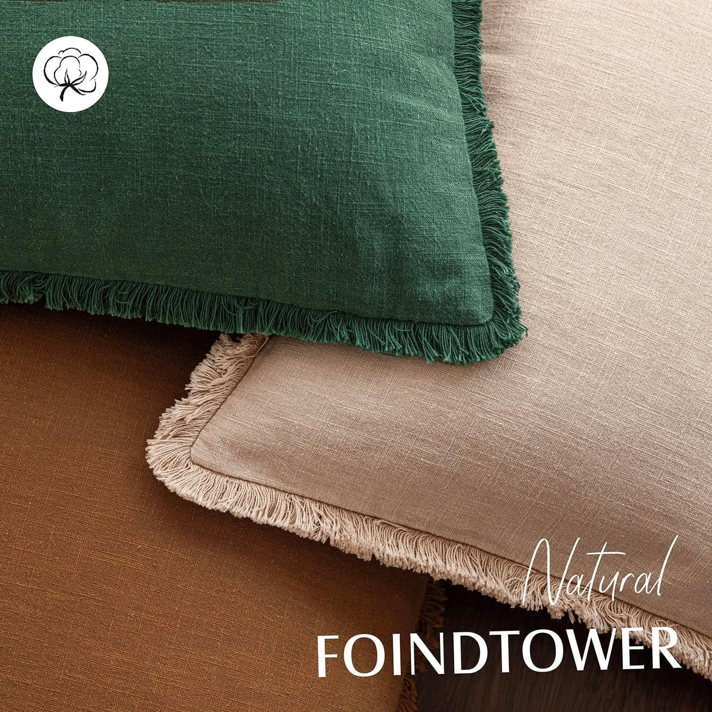 Foindtower Set of 2 Decorative Linen Fringe Throw Pillow Covers Cozy Boho Farmhouse Cushion Cover with Tassels Soft Accent Pillowcase for Couch Sofa Bed Living Room Home Decor, 20×20 Inch, Pine Green