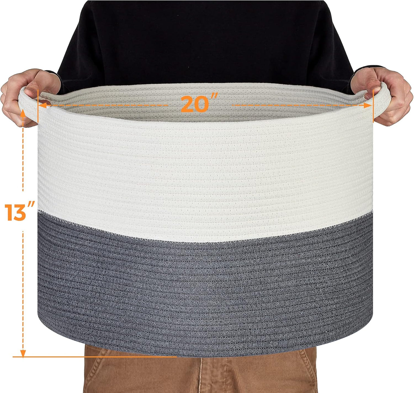 Ravinte Blanket Basket - 20"x 20"x 13" Cotton Rope Basket for Living Room, Baby Toy Storage Basket, Large Woven Laundry Basket (White-DarkGray)