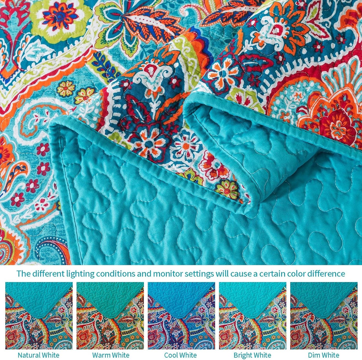 VAPUTAR Quilt California King Size Bedding Set - Cotton California King Quilt (108 * 118 Inch) - Boho Lightweight Reversible Oversized Bedspread for Farmhouse Bedroom (Teal), 3 Pieces
