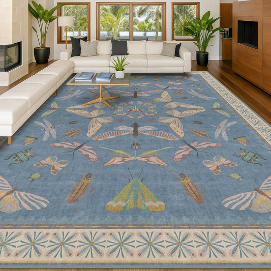Blue Boho Rugs for Living Room - 10x14 Extra Large Area Rug for Dining Room, Bedroom, Playroom, Guest Room, Colorful Insect Low Pile Home Décor