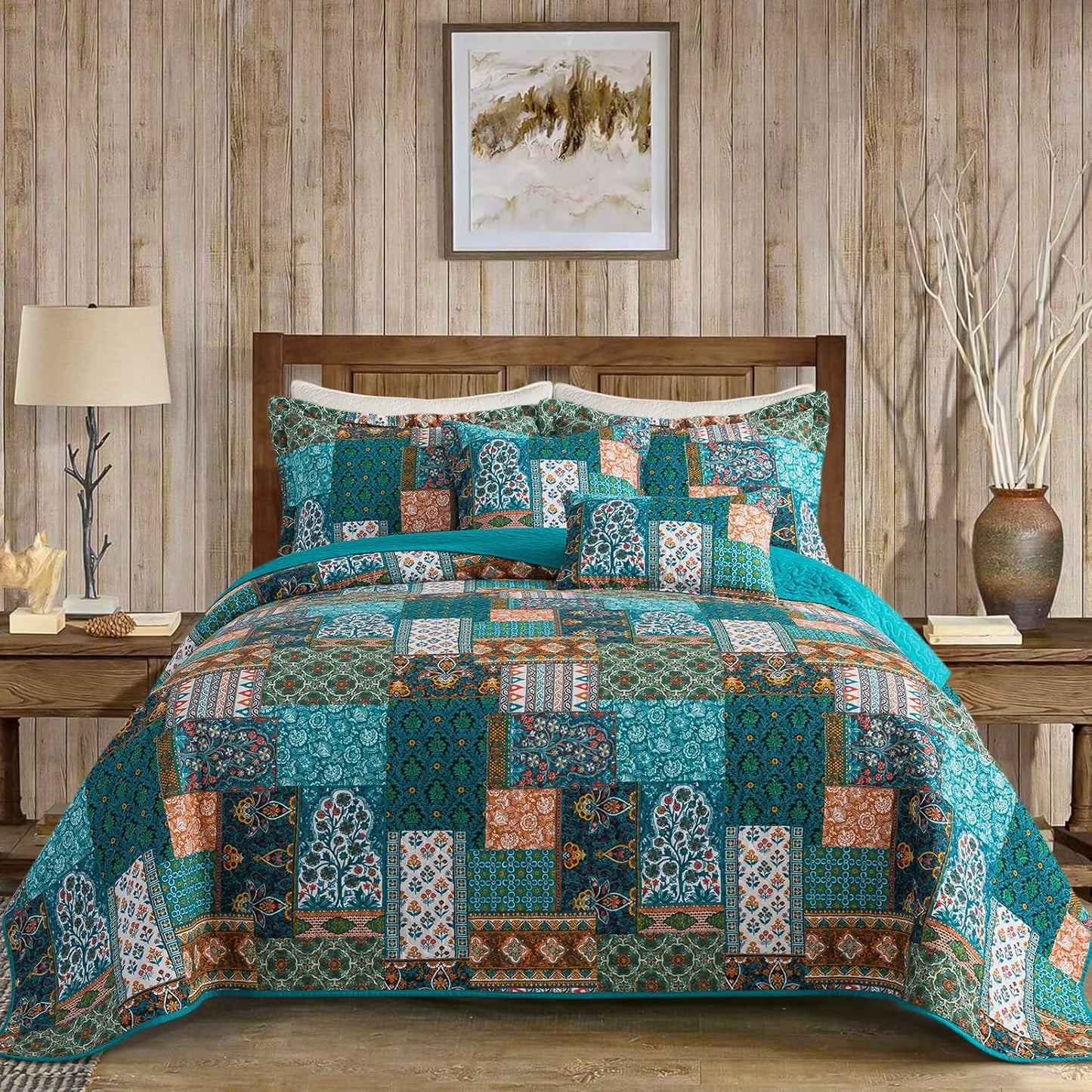 VAPUTAR Cotton King Quilt Size, Floral Patchwork King Bedspread, Lightweight Quilt King Size for All Seasons, Reversible Green Soft Quilt (98 x 106 Inch Quilt + 2 Pillowcases, Pine Green)