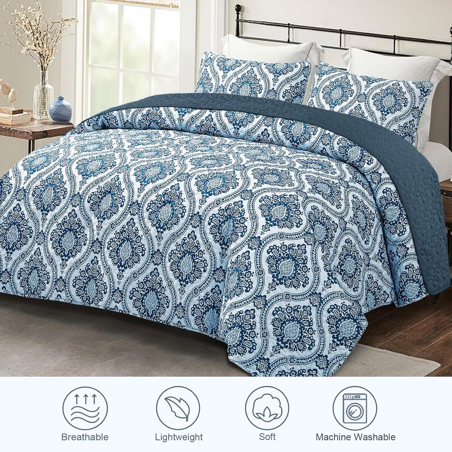 Exclusivo Mezcla Reversible Boho Quilt Set King Size, 3 Pieces Damask Blue All Season Bedspreads, Ultra Soft Floral Coverlet Bedding Set with Printed Pattern (1 Quilt, 2 Pillow Shams)