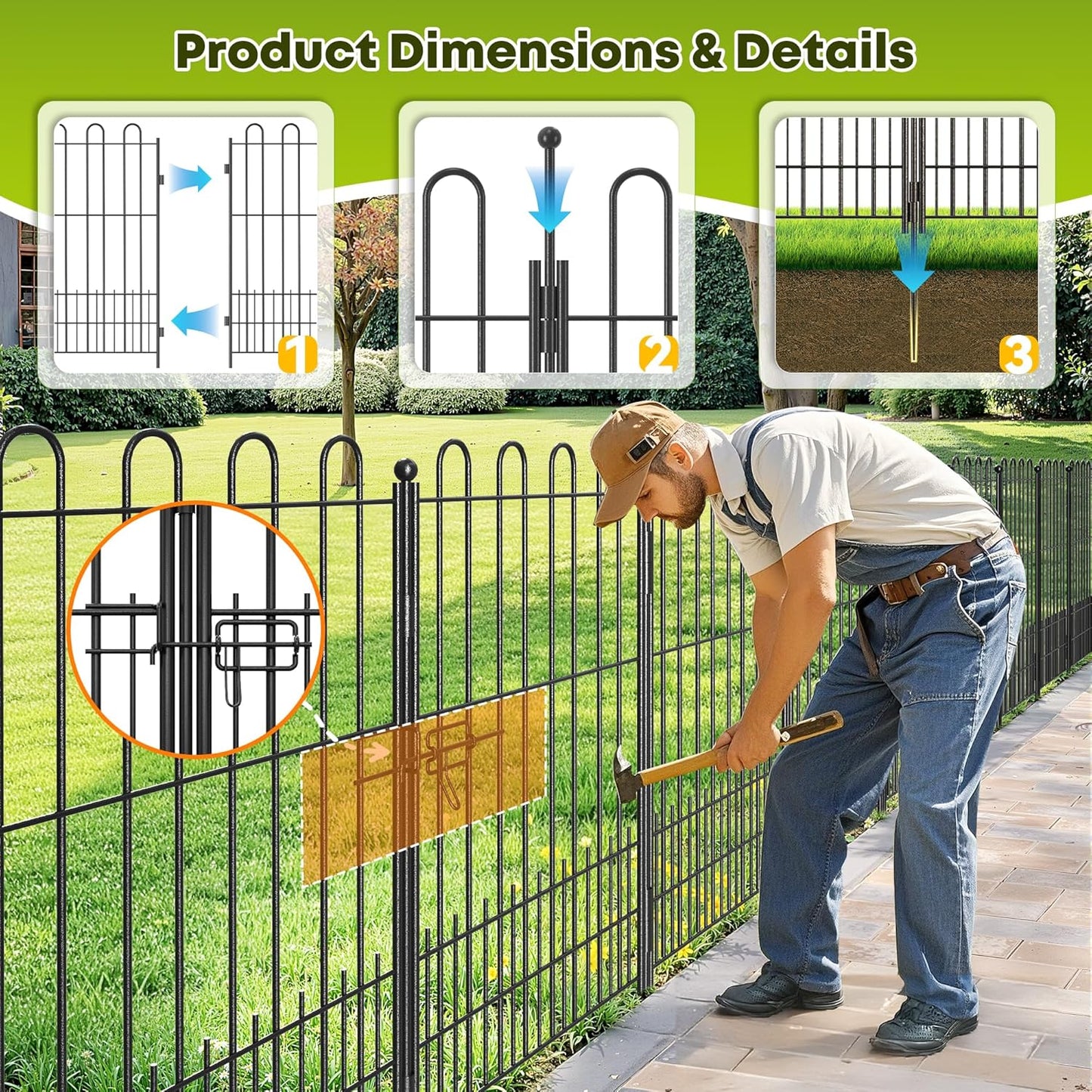 10 Panels Decorative Garden Fence with U-Shape and Latch Gate, 39.51 in(H) X 23.08 ft(L) Dog Fence Outdoor for Yard Security, Garden Fencing Includes Deep Stakes