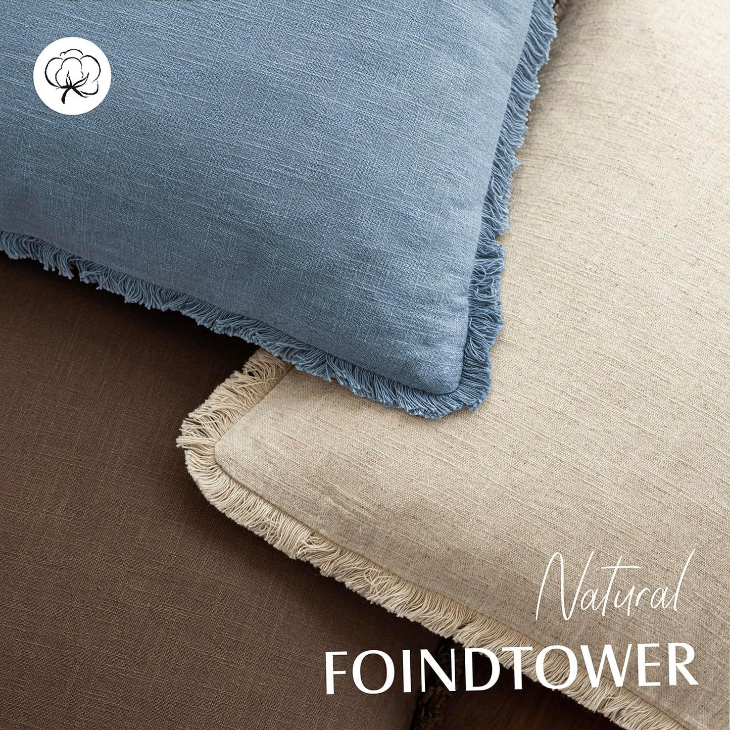 Foindtower Set of 2 Decorative Linen Fringe Lumbar Throw Pillow Covers Boho Farmhouse Cushion Cover with Tassels Soft Accent Pillowcase for Couch Sofa Bed Living Room Home Decor,12×20 Inch,Misty Blue