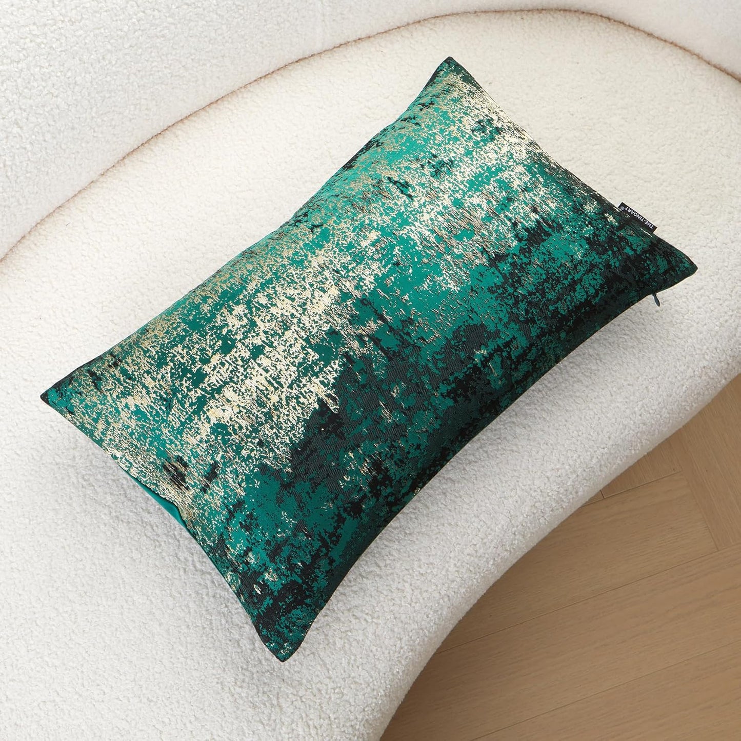 THE-TINOART Luxury Neon Moss Green Jacquard Pillow Cover 12x20 - Reversible Gold Threaded Embroidered Design, Holiday Throw Pillow Case for Couch, Sofa, Bed Décor