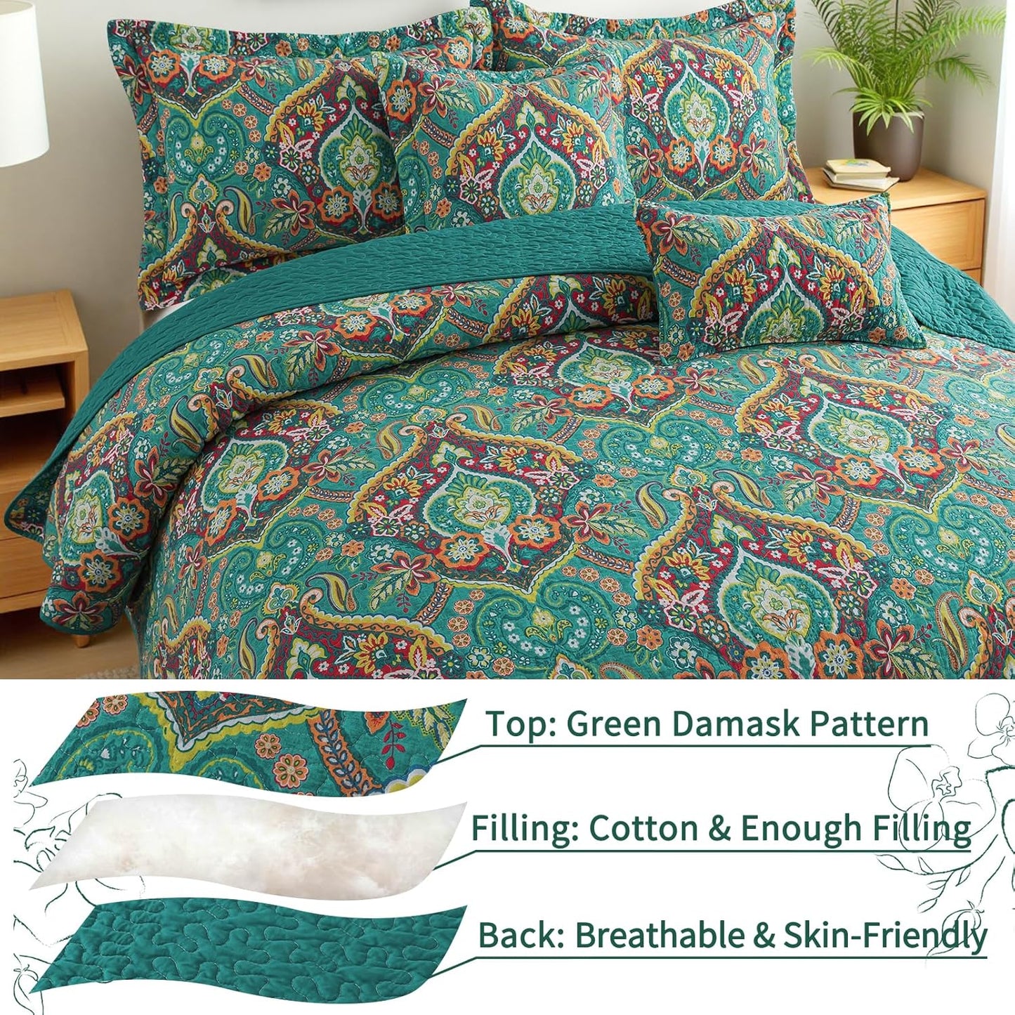 VAPUTAR Cotton King Quilt Bedding Set - 3Pieces Quilt King Size with Floral Pattern, Soft Lightweight Quilted King Size Bedspread (98*106 inch), Reversible Bedspread Coverlet Suitable for All Season