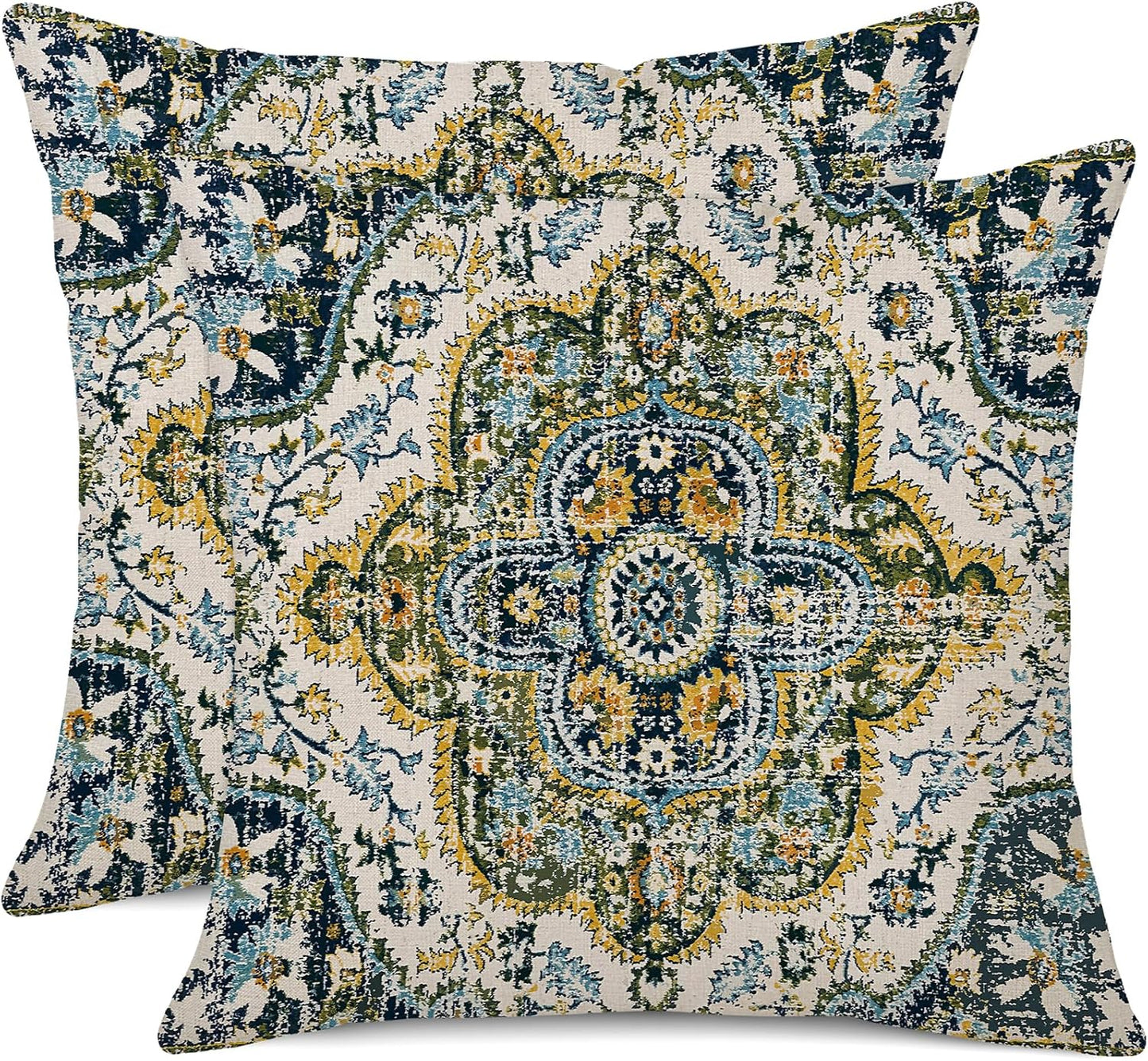 Outdoor Waterproof Pillow Covers - 18 x 18 Inch Set of 2 Bohemian Vintage Carpet Pattern Pillow Covers in Green and Blue Ethnic Design for Decorative Farmhouse, Couch, Garden, Balcony