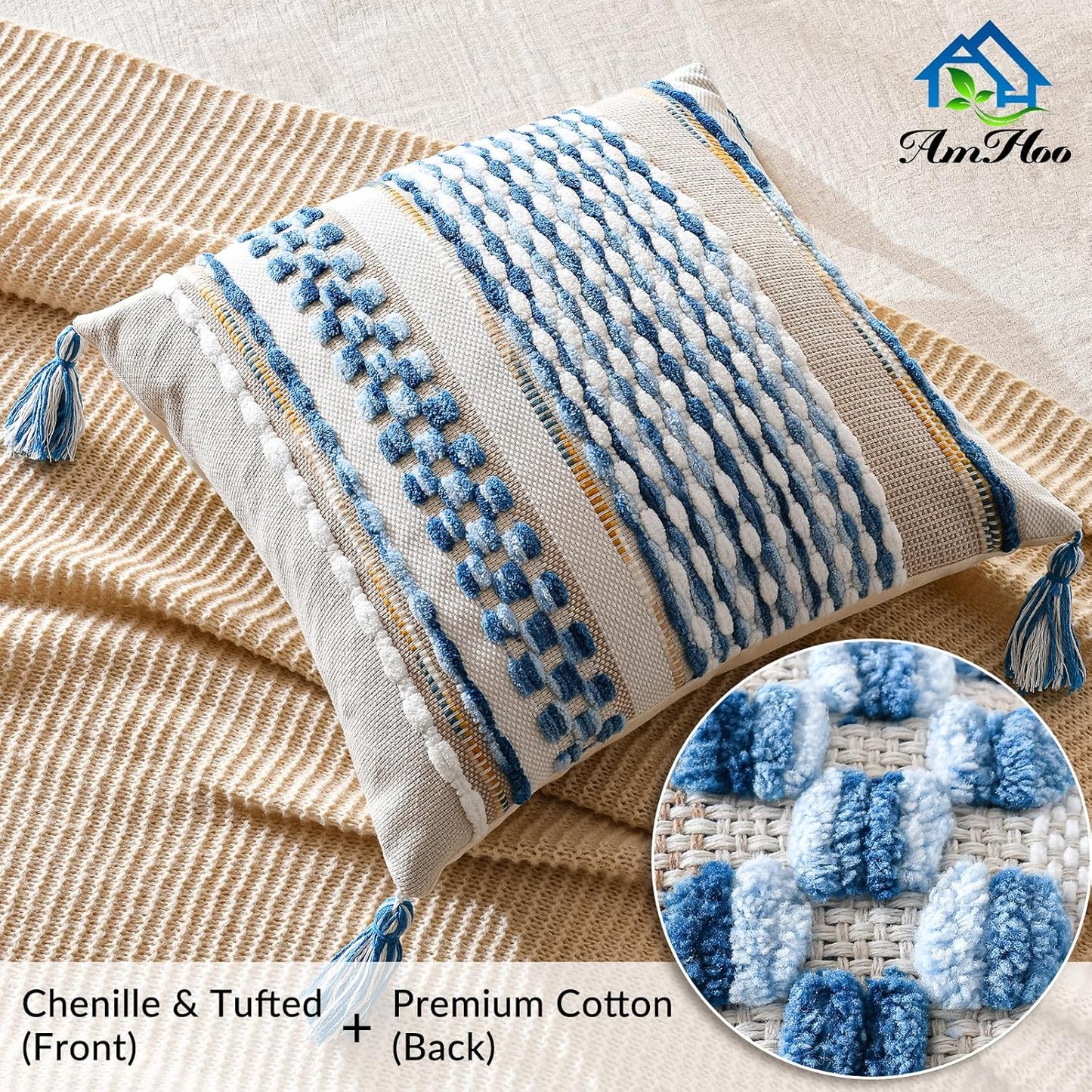 AmHoo Chenille Striped Textured Boho Throw Pillow Covers Aesthetic with Tassels Woven Decorative Pillow Case for Couch Bed Sofa Bedroom Modern Funky 18 x 18-Inch Sky Blue