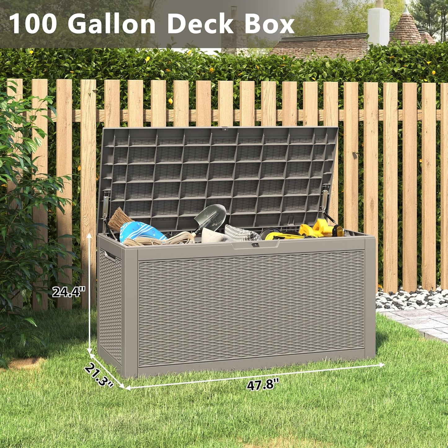 100 Gallon Deck Box Lockable Rattan Outdoor Storage Box waterproof Outdoor Container for Patio Furniture Cushions, Pillow