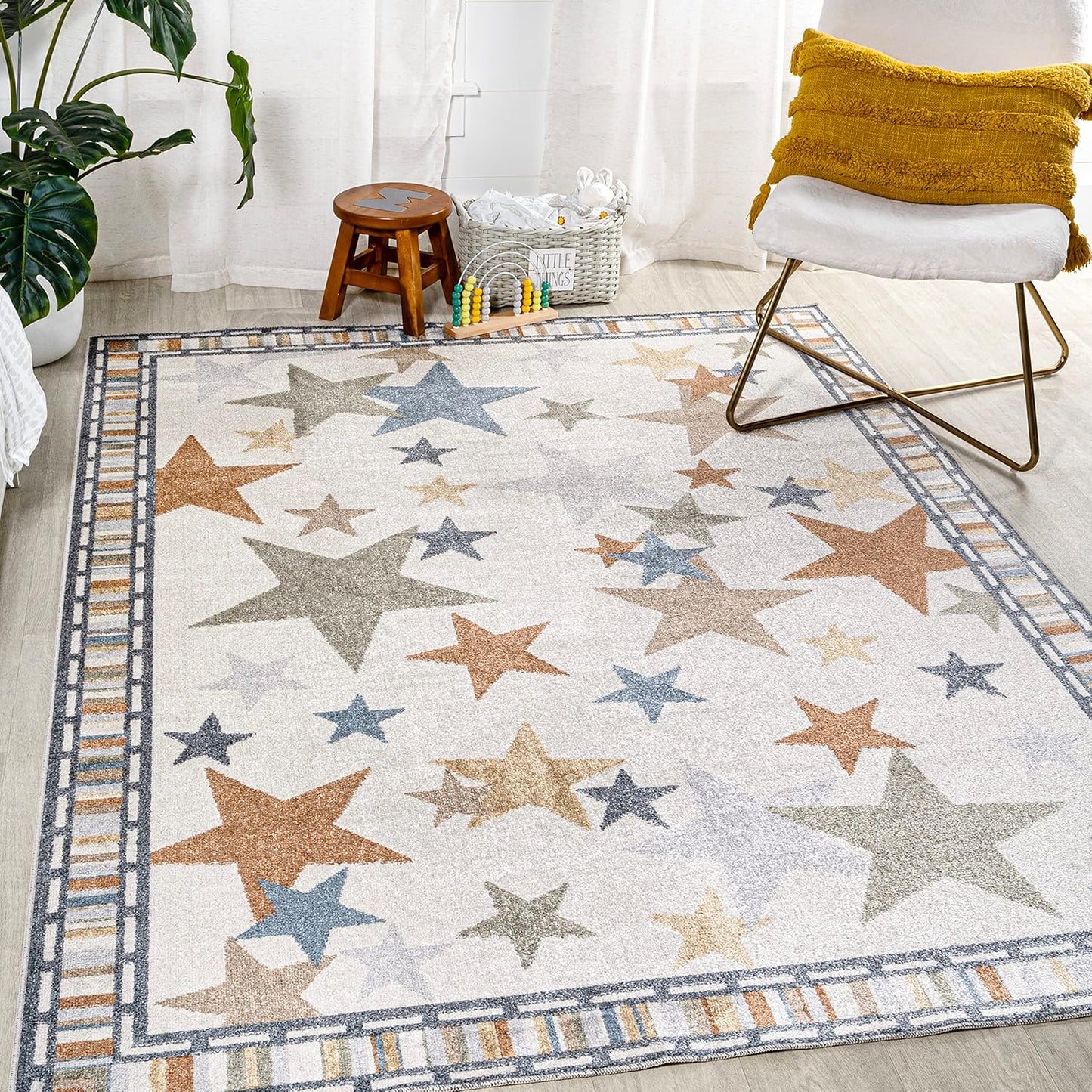 JONATHAN Y Machine-Washable Ivory/Blue/Orange Indoor Area Rug, 8x10, Star Gazer Geometric, Border, Kids & Novelty, Classic, Bedroom, Kitchen, Living Room, Easy-Cleaning, Non-Shedding (KDW100A-8)