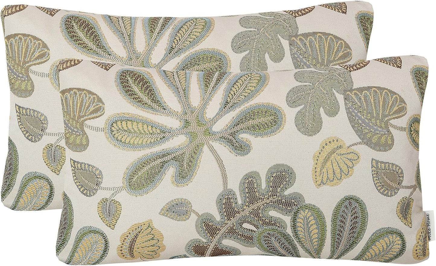 Set of 2 Jacquard Tropical Leaf Pattern Oblong Throw Pillow Covers Accent Pillowcase 12X20 Inches,Green Cream