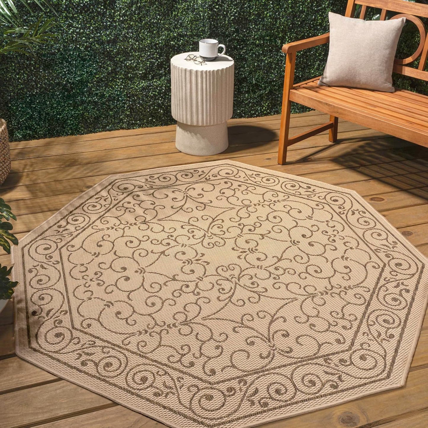 JONATHAN Y Vintage Filigree Indoor Outdoor Octagon Area Rug 8 Ft Beige/Brown, Charleston Textured Weave for Backyard, Patio, Porch, Easy-Cleaning, High Traffic, Pet-Friendly Non-Shedding SMB106A-8TGN