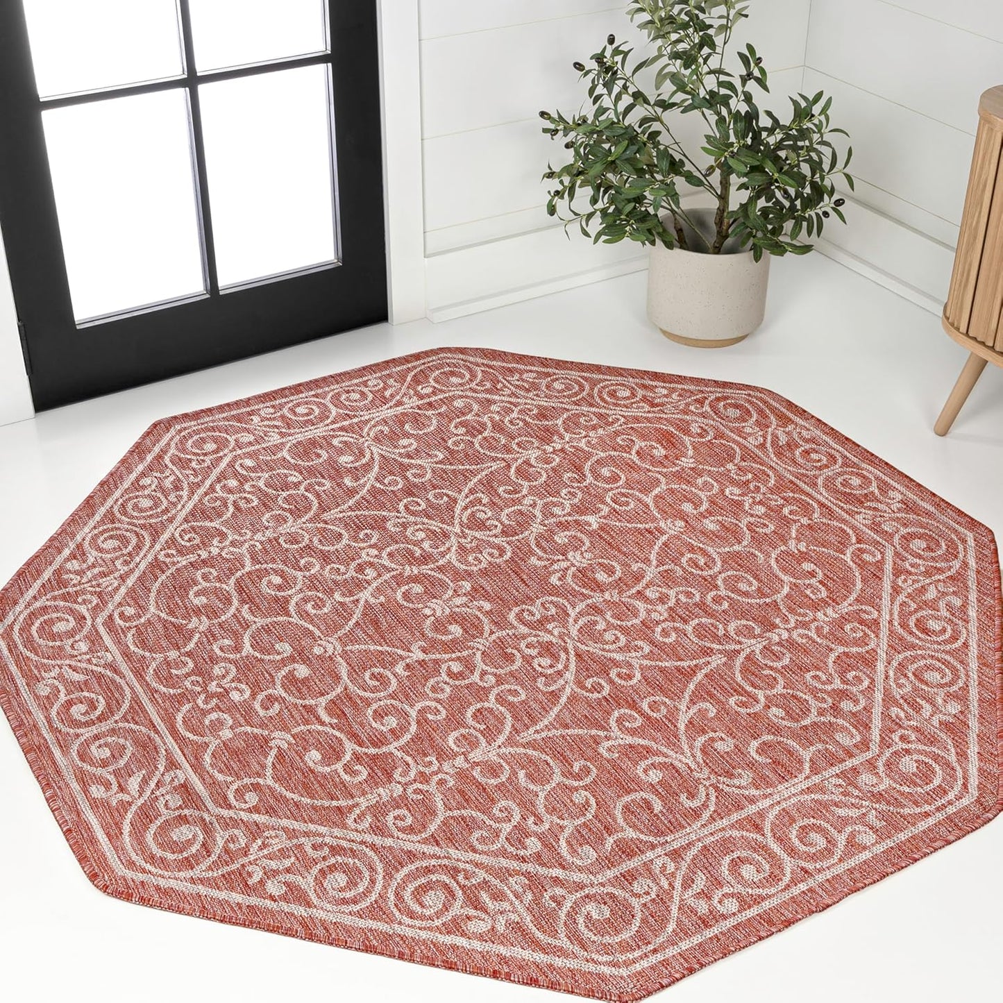 JONATHAN Y Vintage Filigree Indoor Outdoor Octagon Area Rug 5 Ft Red/Beige, Charleston Textured Weave for Backyard, Patio, Porch, Easy-Cleaning, High Traffic, Pet-Friendly, Non-Shedding SMB106B-5TGN