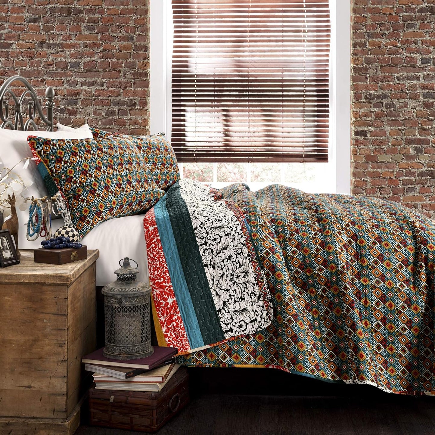 Lush Decor Boho Stripe Reversible Cotton Quilt 3-Piece Set, King, Turquoise & Tangerine - Bold Colorful Bohemian Bedding Set