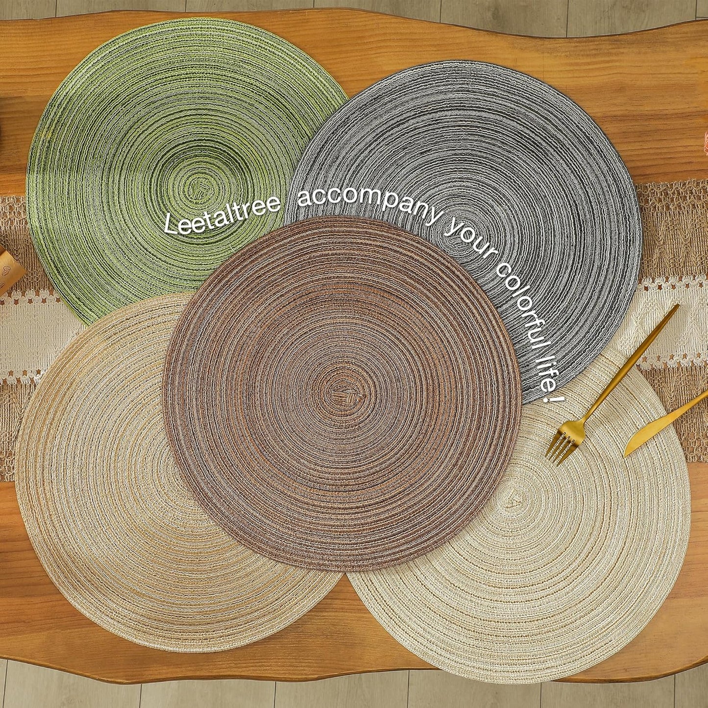 Leetaltree Round Placemats Heat and Slip Resistant Cotton Table Mats, Washable Bohemian Placemats for Dining Tables (Sage Green, Set of 6)