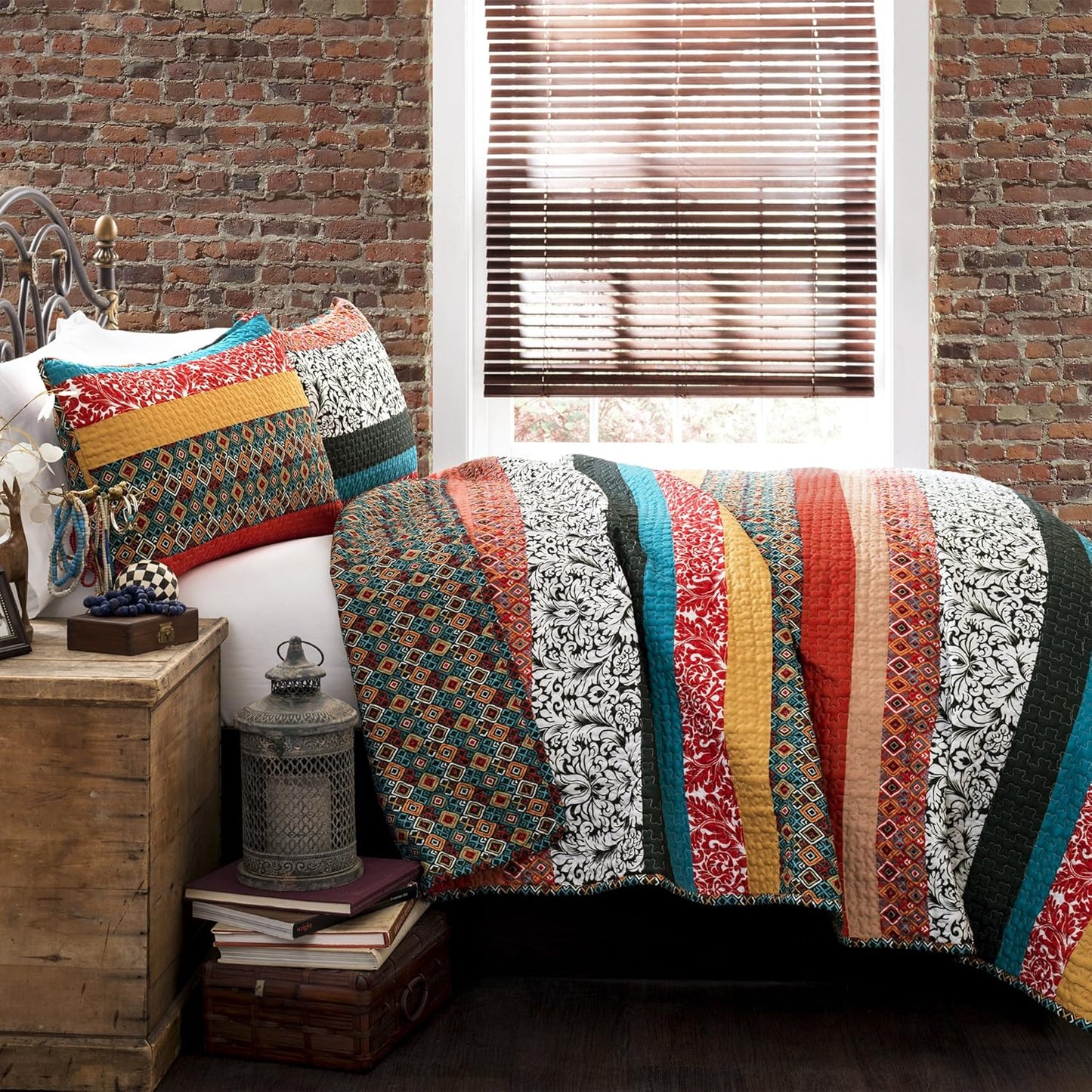 Lush Decor Boho Stripe Reversible Cotton Quilt 3-Piece Set, King, Turquoise & Tangerine - Bold Colorful Bohemian Bedding Set