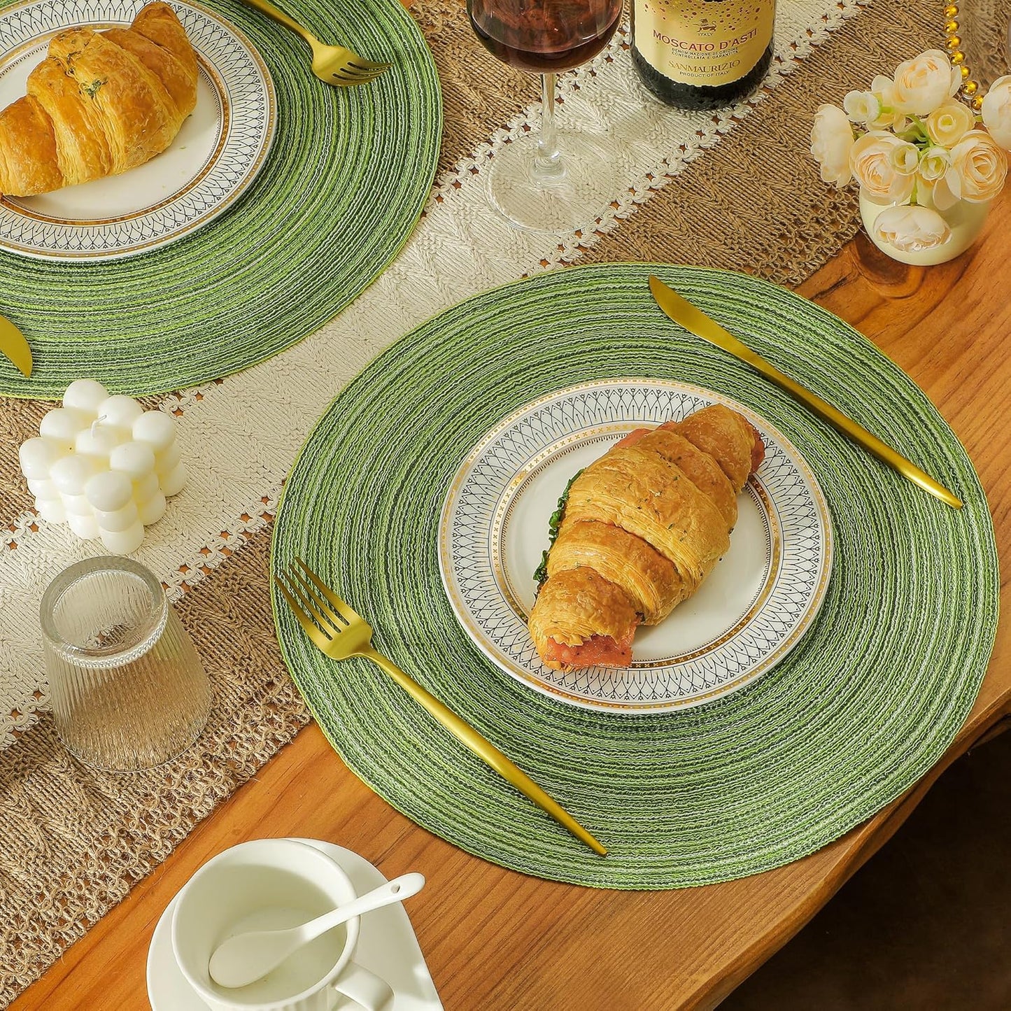 Leetaltree Round Placemats Heat and Slip Resistant Cotton Table Mats, Washable Bohemian Placemats for Dining Tables (Sage Green, Set of 8)