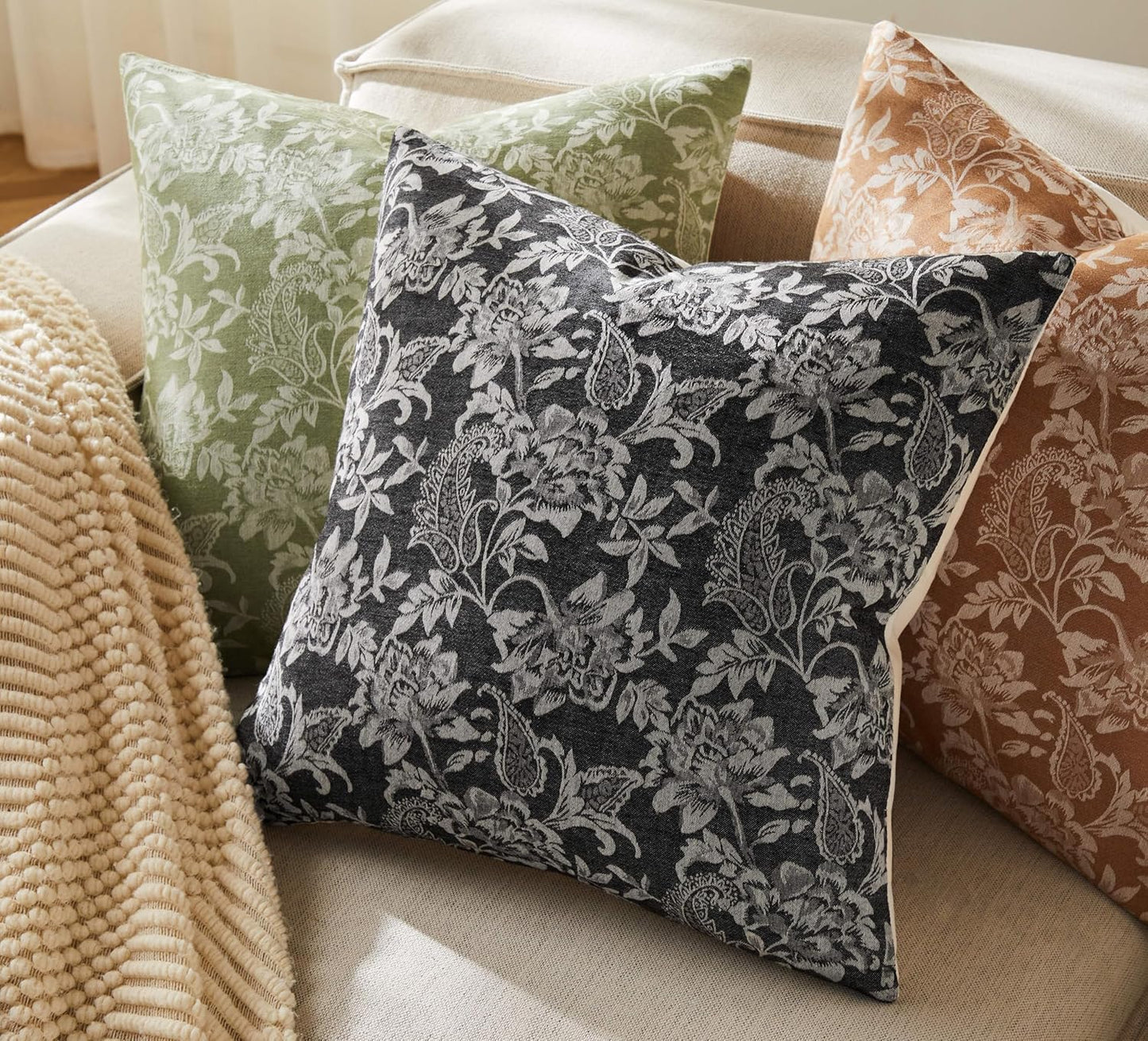 Floral Jacquard Throw Pillow Covers Set of 2, Background/Charcoal 24x24 Inch, Farmhouse Decorative Cotton Dark Grey Cushion Covers for Sofa Bed Living Room Home Decor